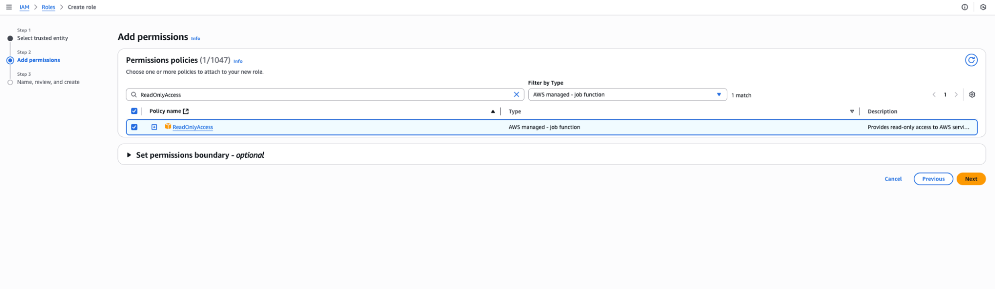 Add permissions - ReadOnlyAccess