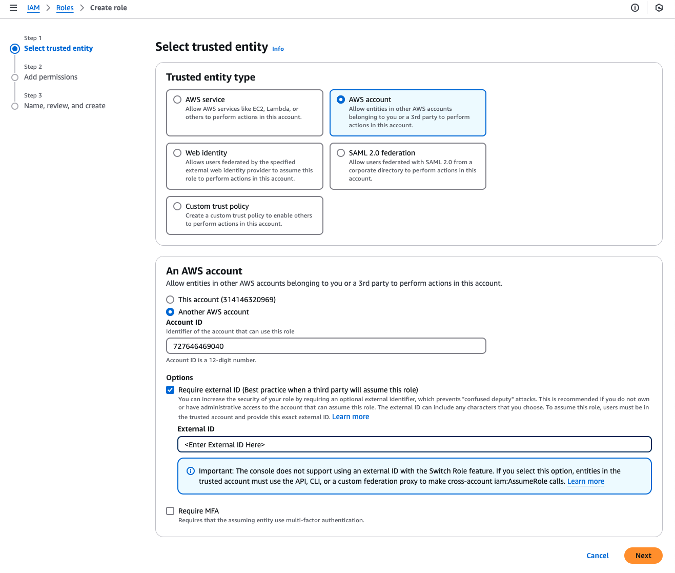 Select trusted entity form