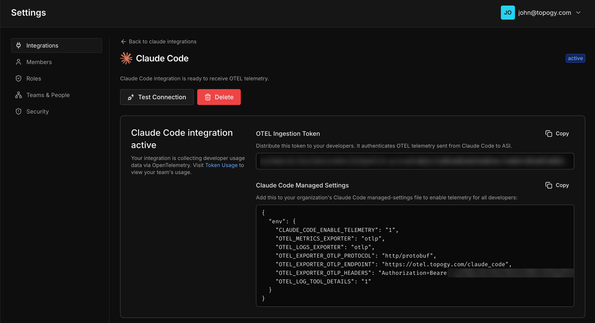 Topogy Claude Code integration window with the settings snippet