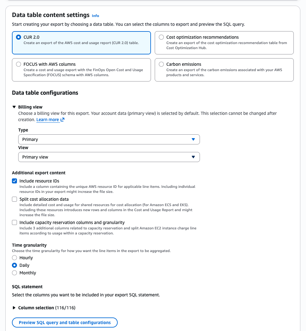 Data table content settings