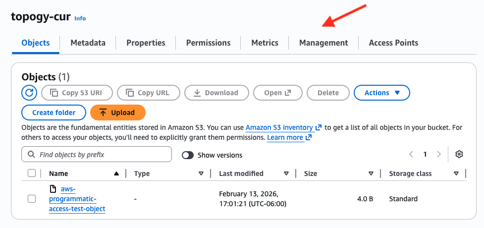 S3 bucket Management tab