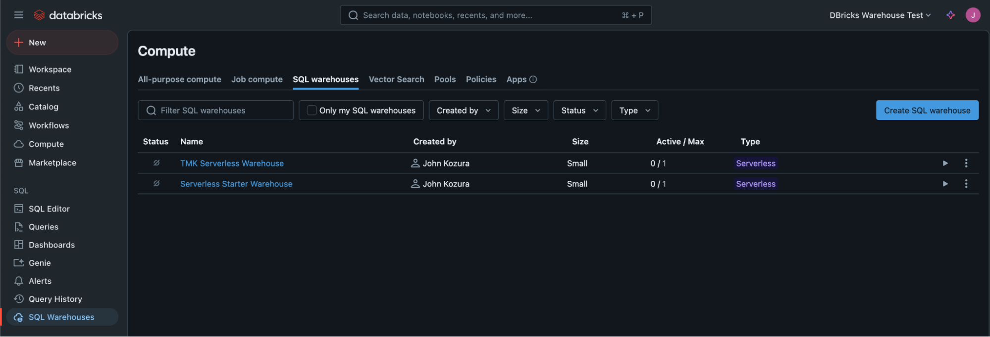 Create SQL warehouse