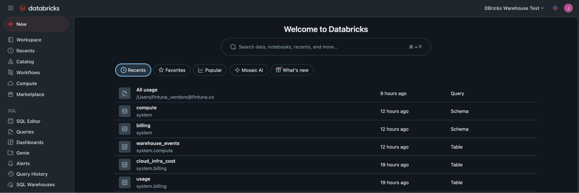 SQL Warehouses navigation