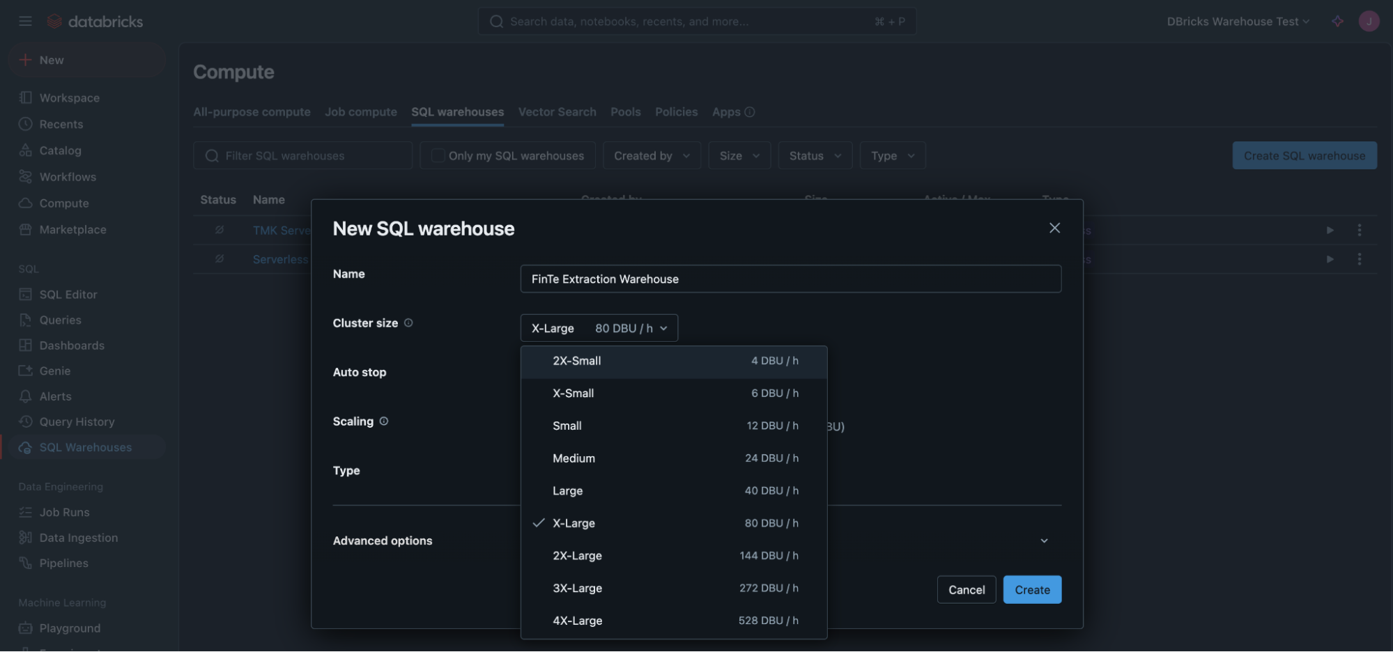 Select 2X-Small cluster