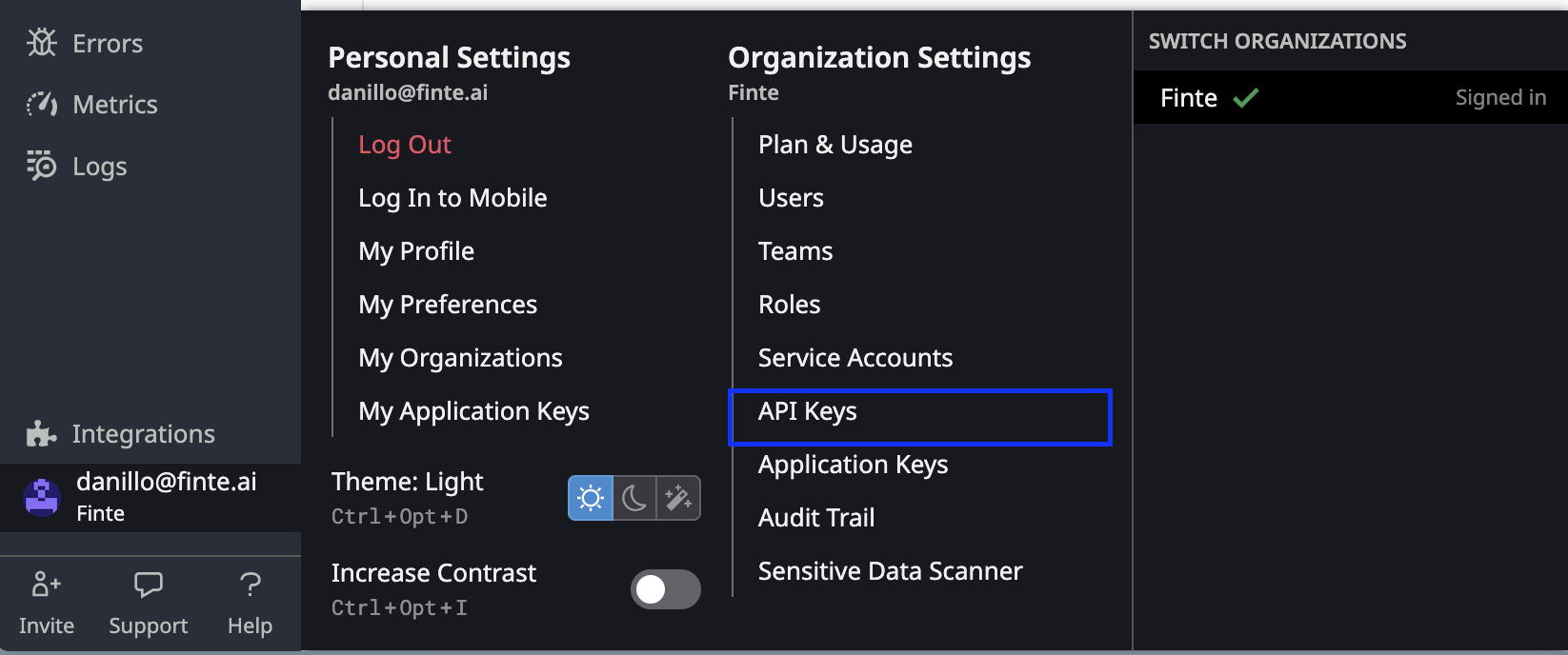 Datadog API Keys navigation