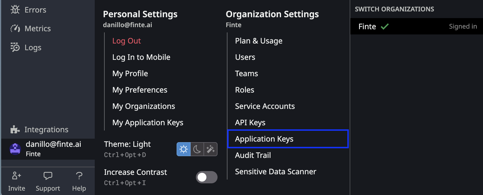 Datadog Application Keys navigation