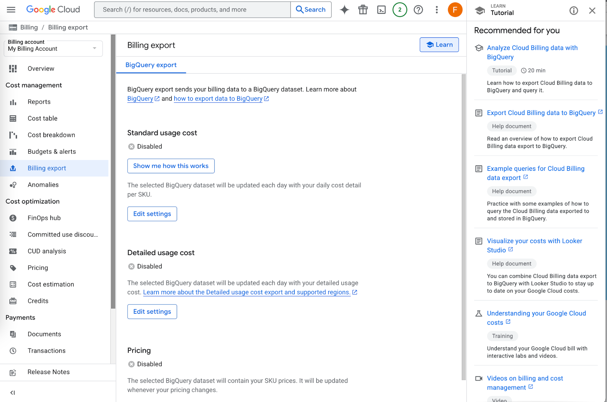Billing export page