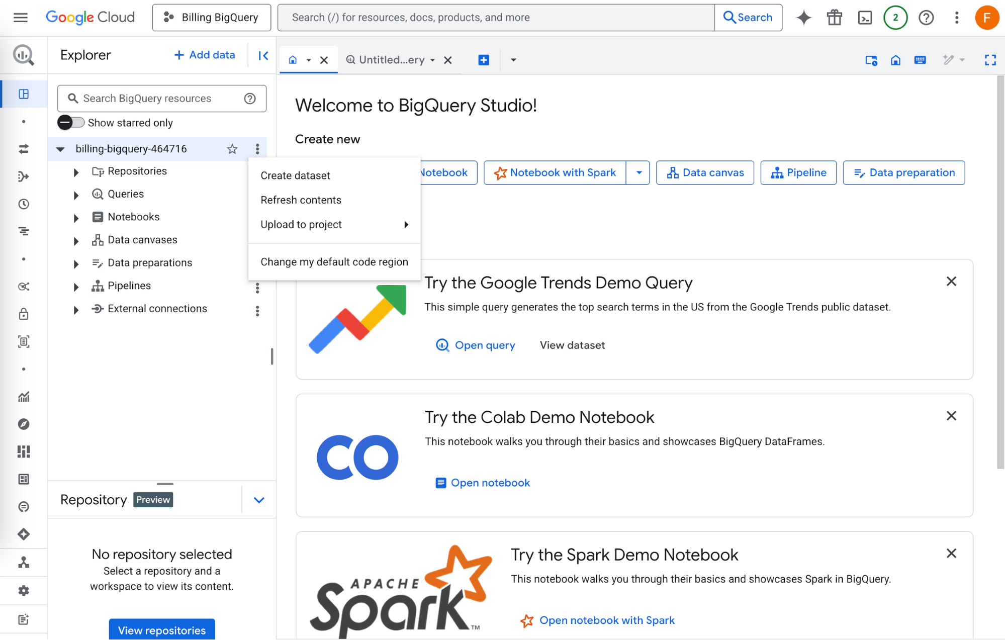 Click three dots and Create dataset