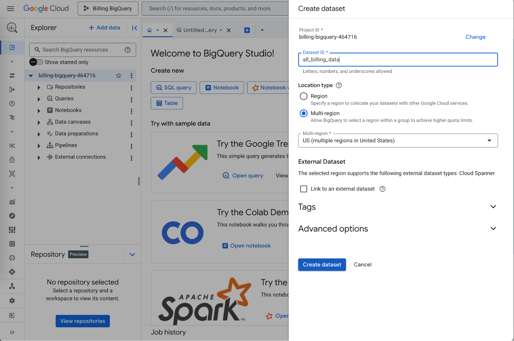 Name dataset and click Create dataset