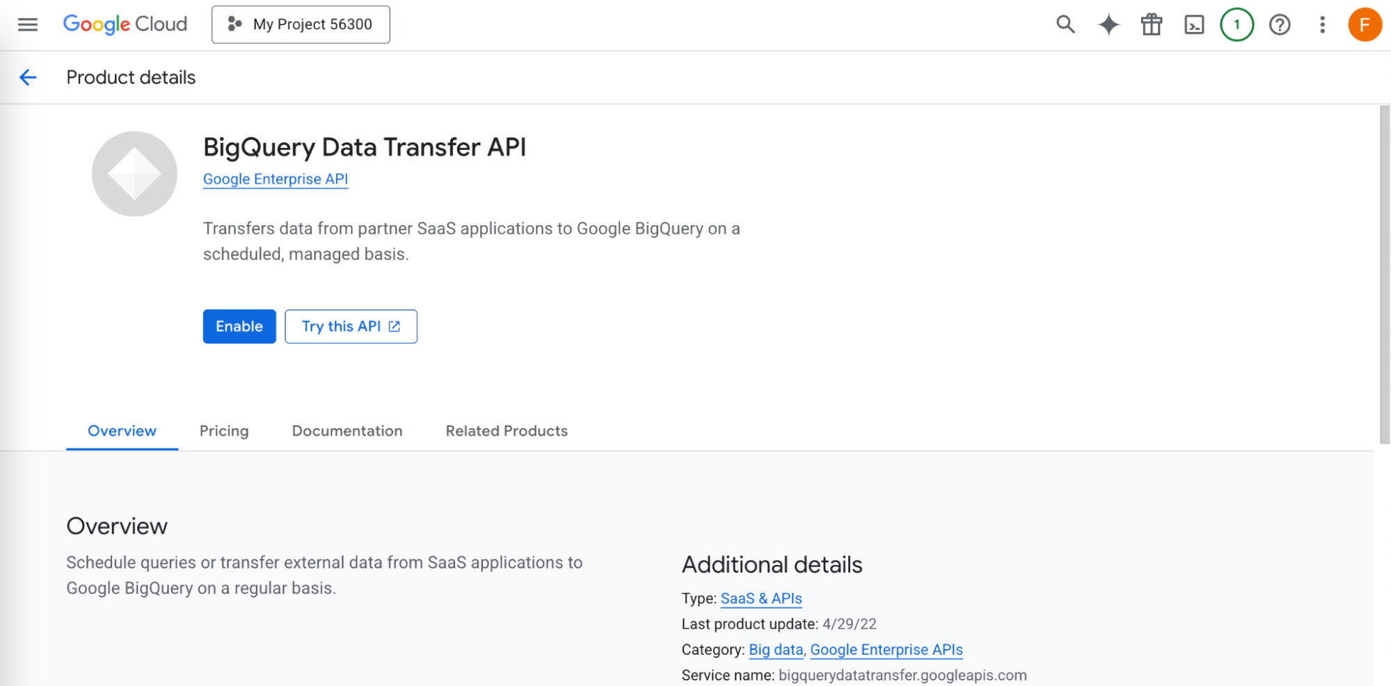 Enable BigQuery Data Transfer API