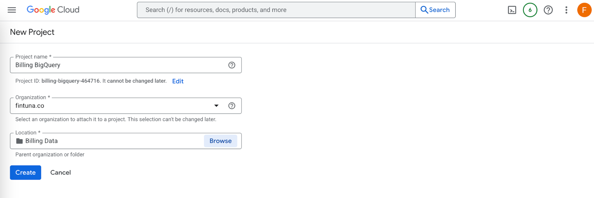 Name the project Billing BigQuery and click Create