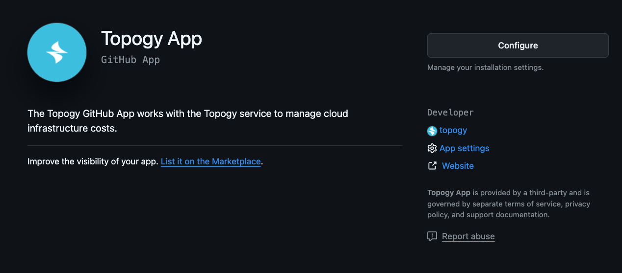 Topogy GitHub App page