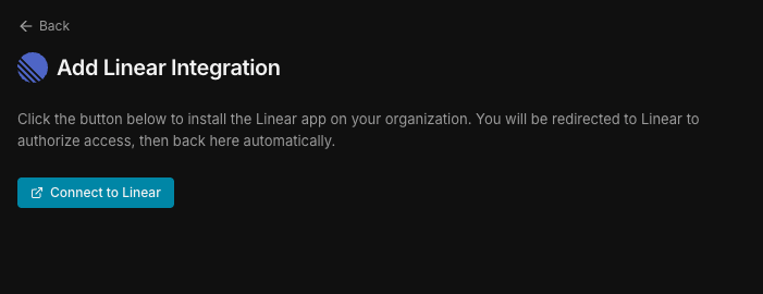 Topogy Settings → Integrations page with the Connect to Linear button