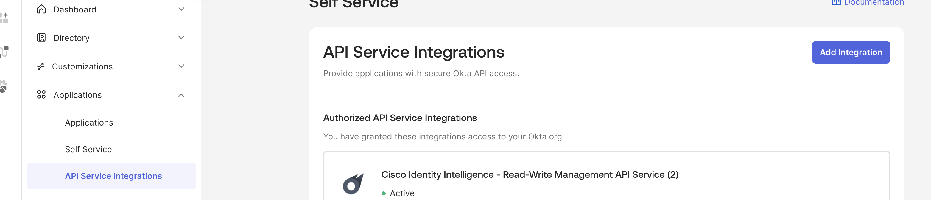 Okta API Service Integrations page with the Add Integration button