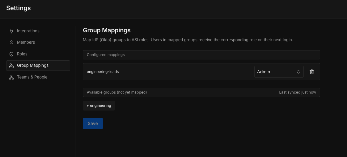 Group Mappings page showing engineering-leads mapped to the Admin role, with engineering available to map