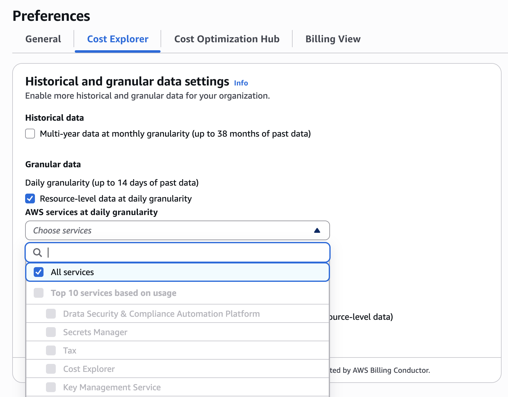 Choose Services dropdown