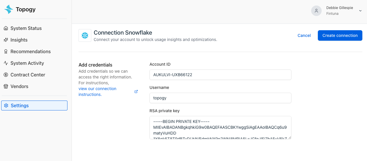 Topogy Snowflake credentials