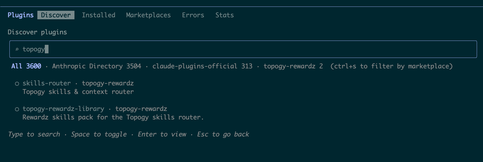 The /plugin Discover tab listing the library and the skills-router plugin