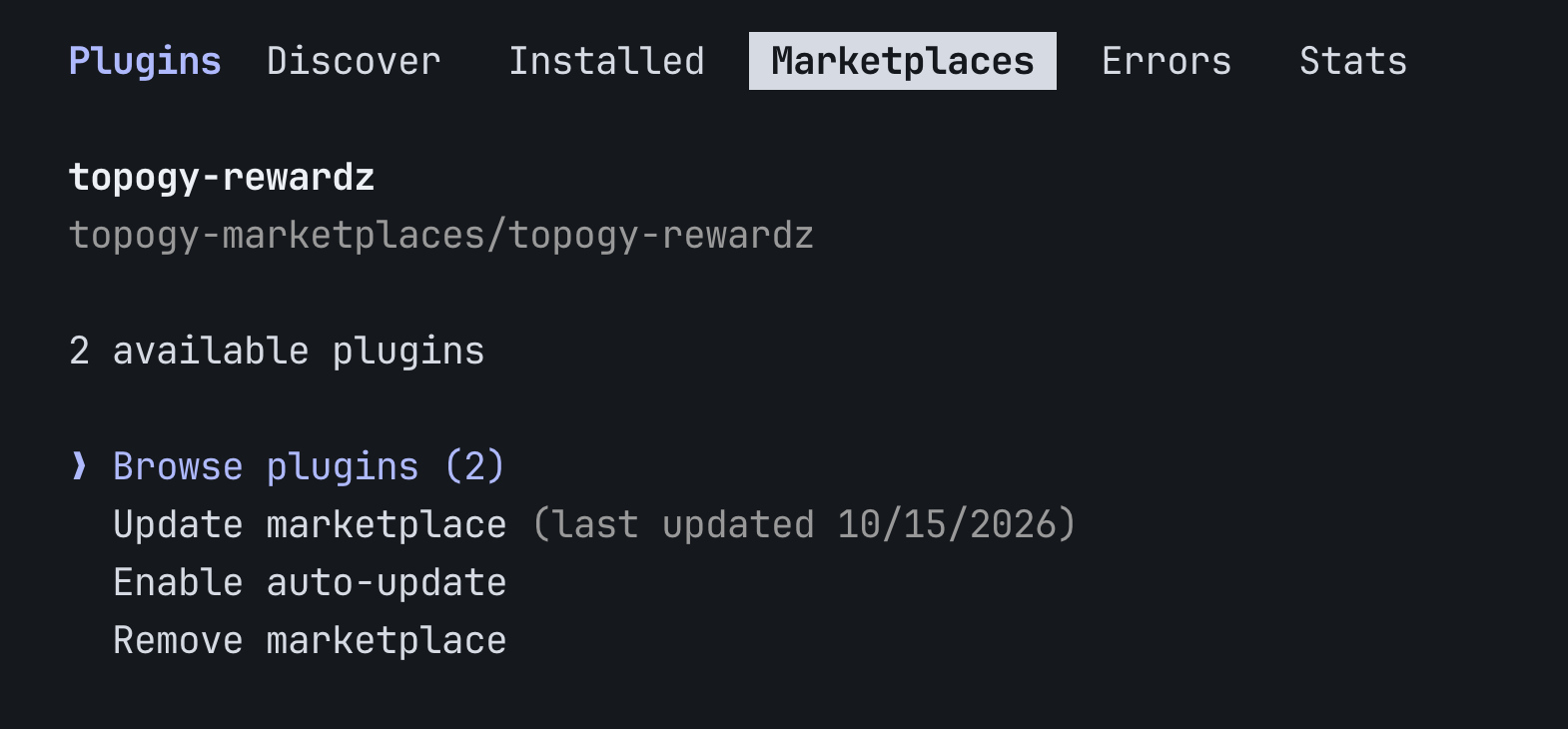 The /plugin Marketplaces tab for the topogy marketplace with the Enable auto-update option