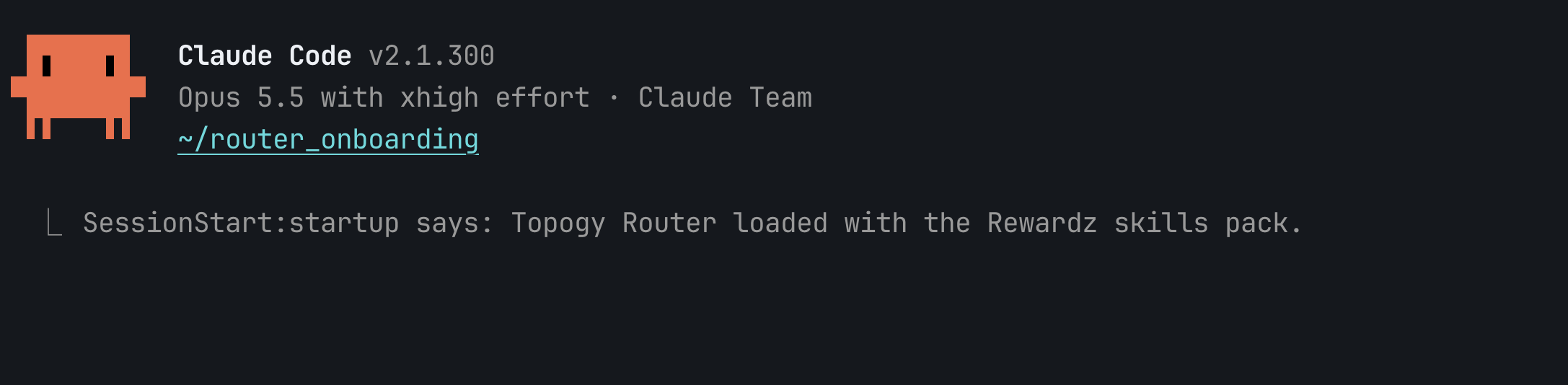 Claude Code startup showing "Topogy Router loaded" with the organization's skills pack