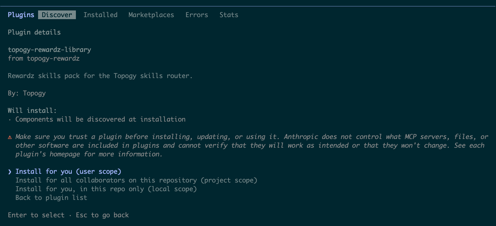 Plugin details for the library with the Install for you (user scope) option selected