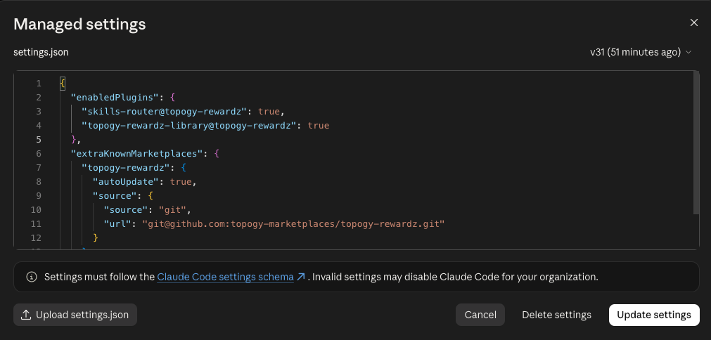 The claude.ai Managed settings editor with the Topogy Router settings pasted in